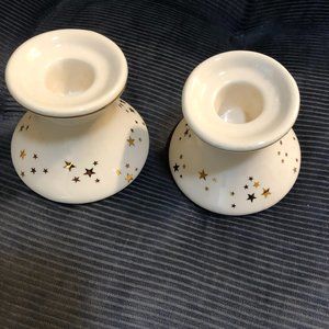 CANDLE TAPER HOLDERS  GOLD STARS & TRIM ON CREAMY PORCELAIN